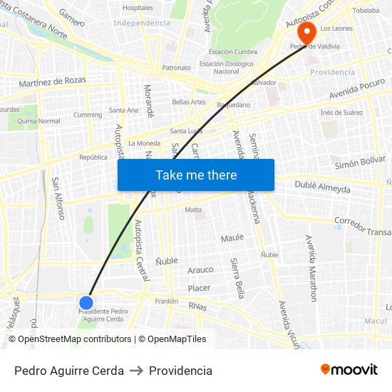 Pedro Aguirre Cerda to Providencia map