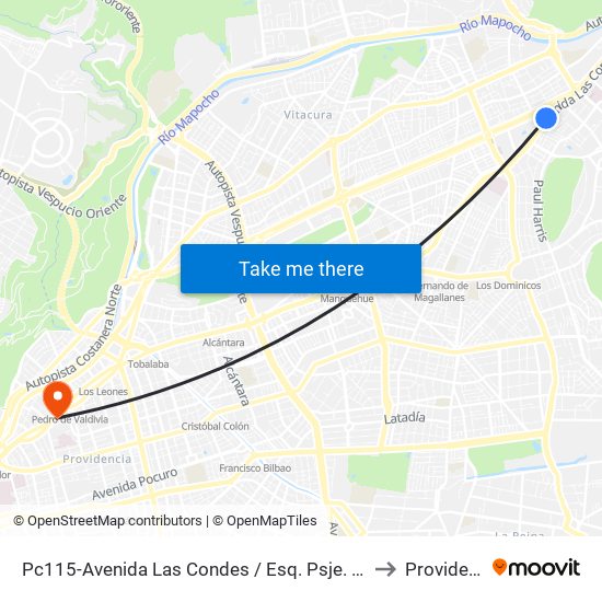 Pc115-Avenida Las Condes / Esq. Psje. Las Condes to Providencia map