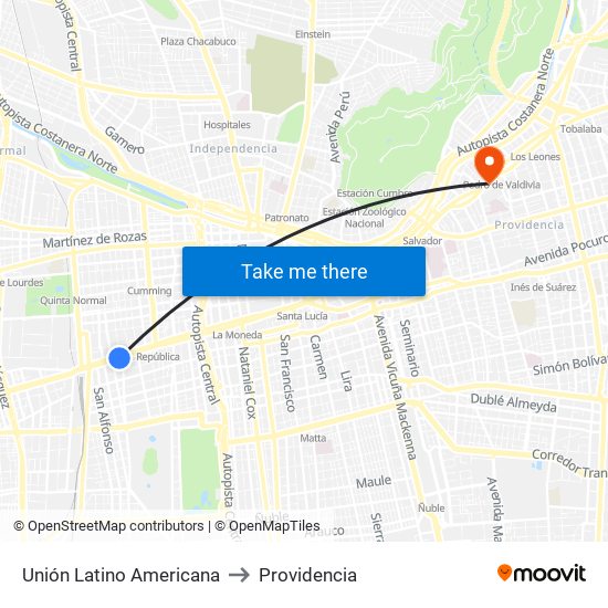 Unión Latino Americana to Providencia map