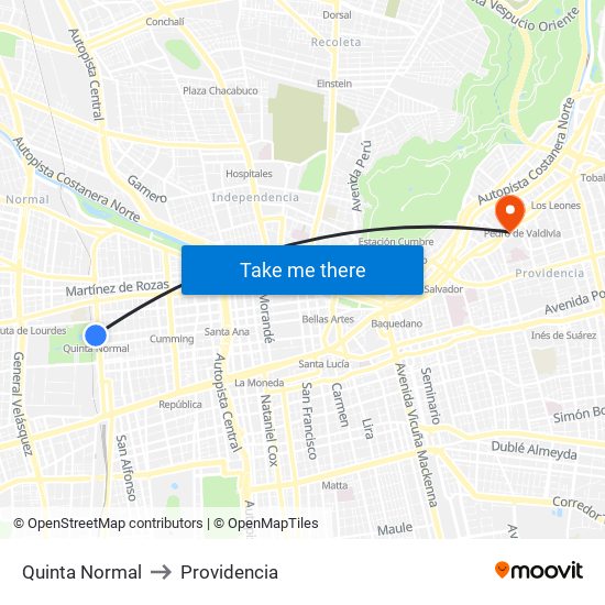 Quinta Normal to Providencia map