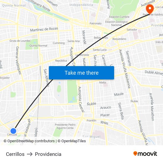 Cerrillos to Providencia map