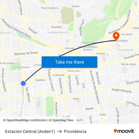 Estación Central (Anden1) to Providencia map