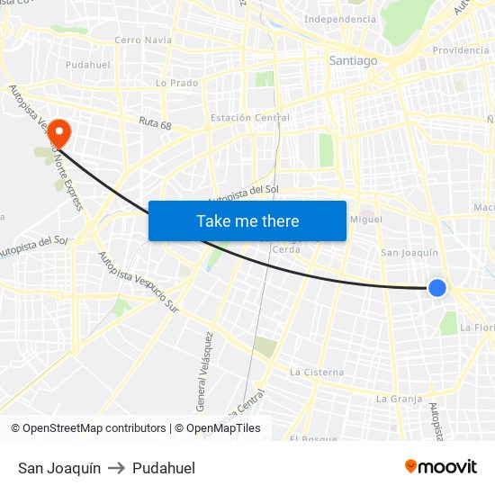 San Joaquín to Pudahuel map