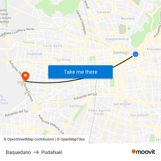Baquedano to Pudahuel map