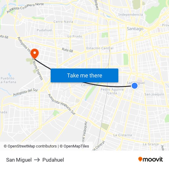 San Miguel to Pudahuel map