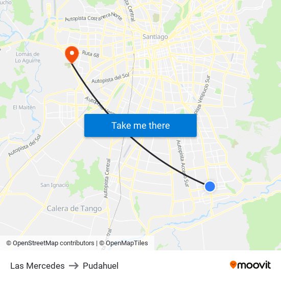 Las Mercedes to Pudahuel map
