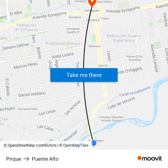 Pirque to Puente Alto map
