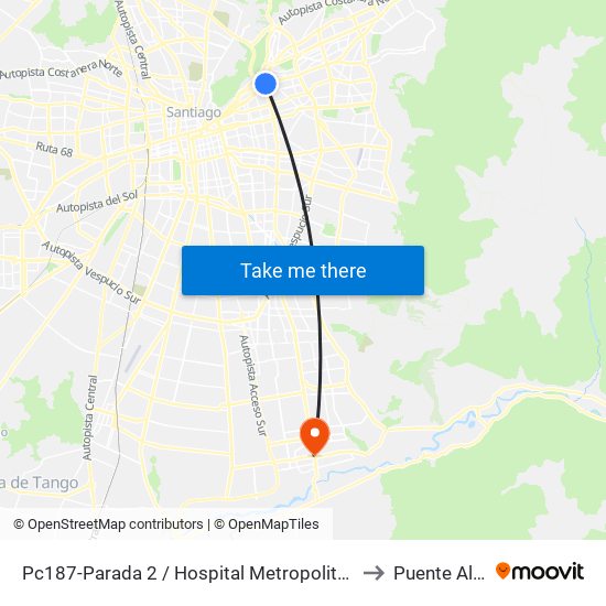 Pc187-Parada 2 / Hospital Metropolitano to Puente Alto map