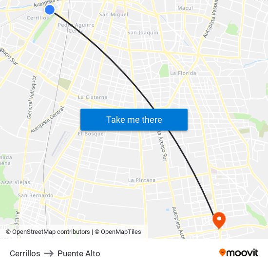 Cerrillos to Puente Alto map