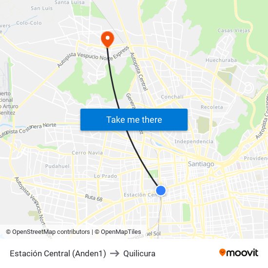 Estación Central (Anden1) to Quilicura map