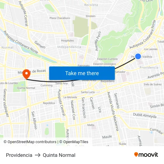 Providencia to Quinta Normal map