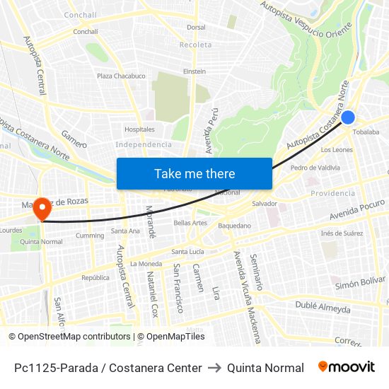 Pc1125-Parada / Costanera Center to Quinta Normal map