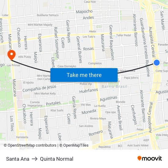 Santa Ana to Quinta Normal map