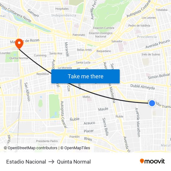 Estadio Nacional to Quinta Normal map