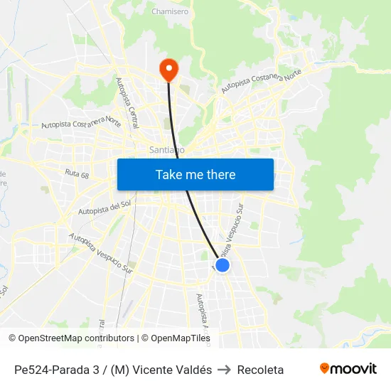 Pe524-Parada 3 / (M) Vicente Valdés to Recoleta map