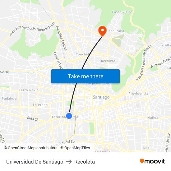 Universidad De Santiago to Recoleta map