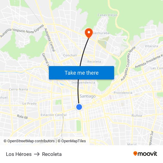 Los Héroes to Recoleta map
