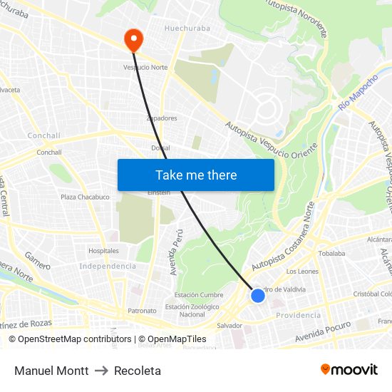 Manuel Montt to Recoleta map