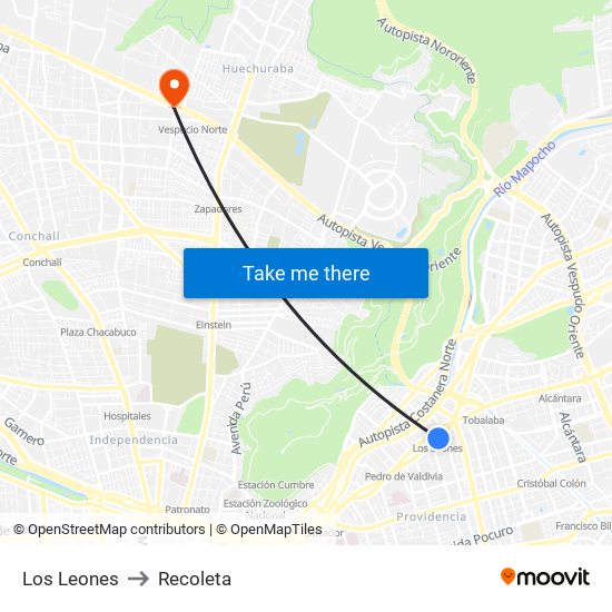 Los Leones to Recoleta map