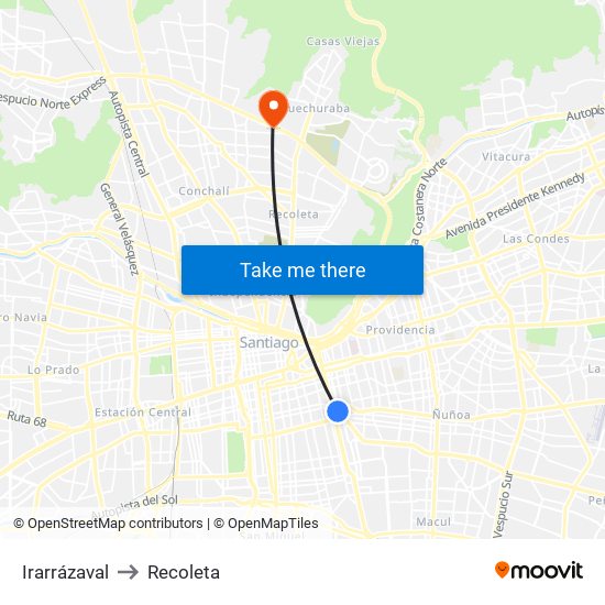 Irarrázaval to Recoleta map