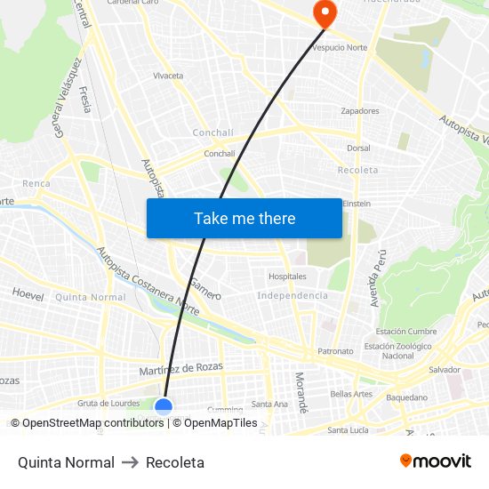 Quinta Normal to Recoleta map