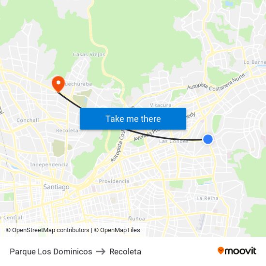 Parque Los Dominicos to Recoleta map