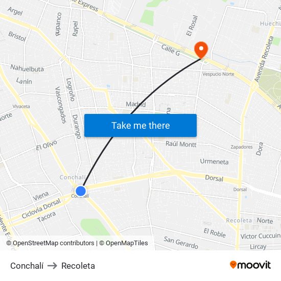 Conchalí to Recoleta map