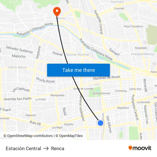 Estación Central to Renca map