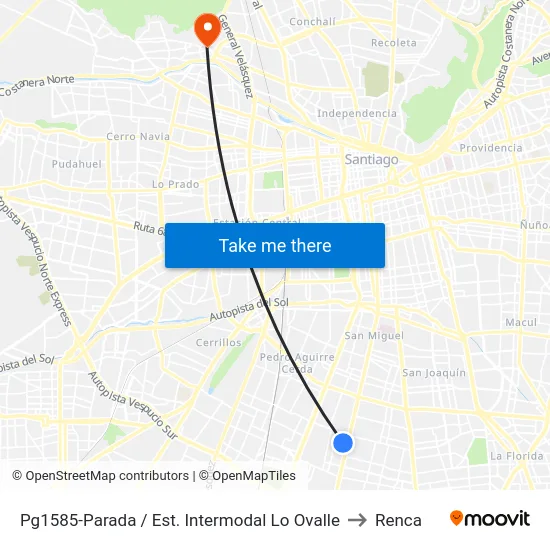 Pg1585-Parada / Est. Intermodal Lo Ovalle to Renca map