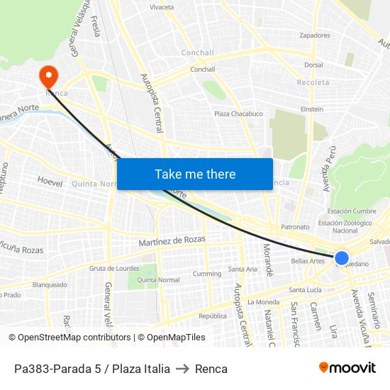 Pa383-Parada 5 / Plaza Italia to Renca map