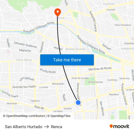 San Alberto Hurtado to Renca map