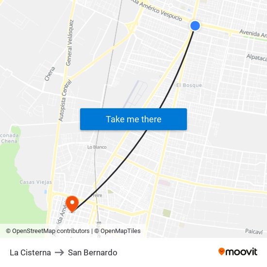 La Cisterna to San Bernardo map