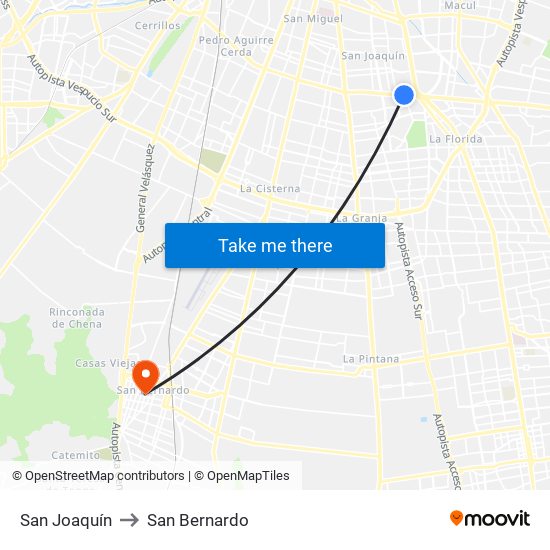 San Joaquín to San Bernardo map