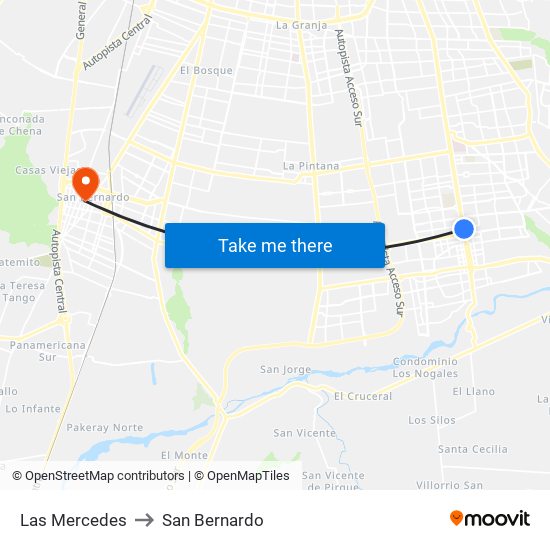 Las Mercedes to San Bernardo map