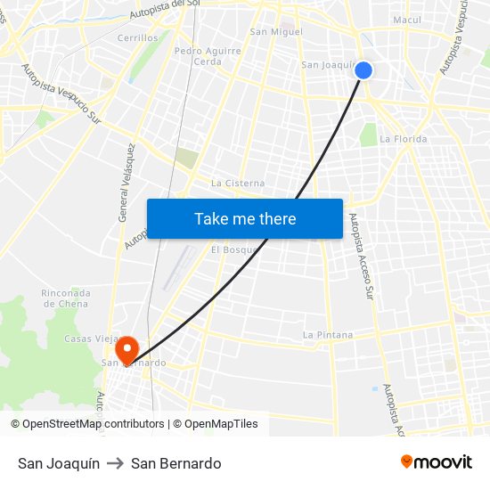 San Joaquín to San Bernardo map