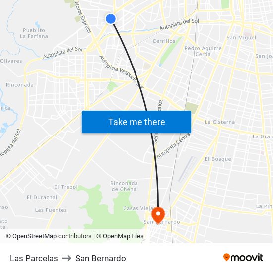 Las Parcelas to San Bernardo map