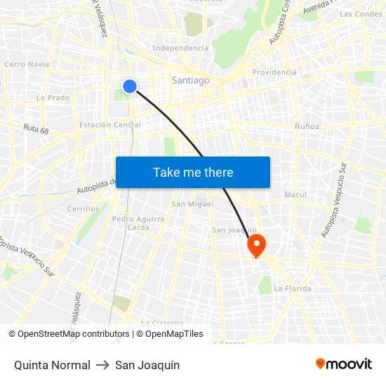 Quinta Normal to San Joaquín map