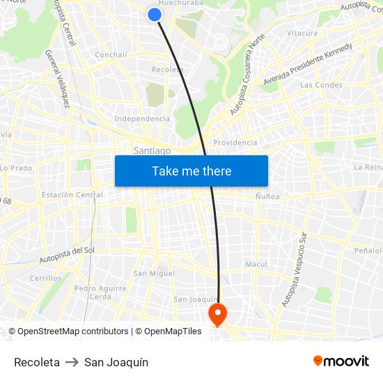Recoleta to San Joaquín map