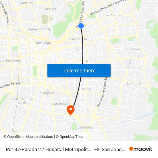 Pc187-Parada 2 / Hospital Metropolitano to San Joaquín map