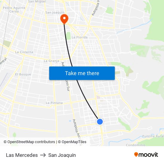 Las Mercedes to San Joaquín map