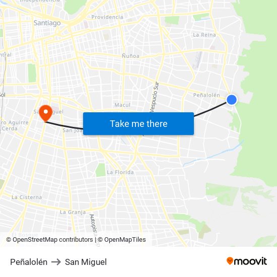 Peñalolén to San Miguel map