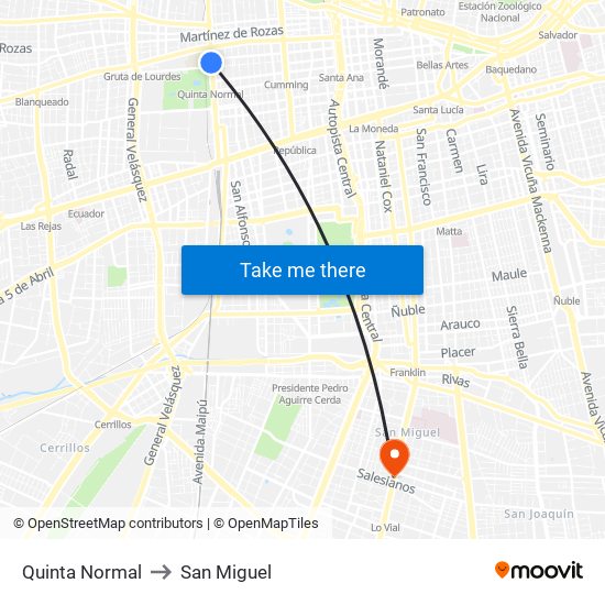Quinta Normal to San Miguel map