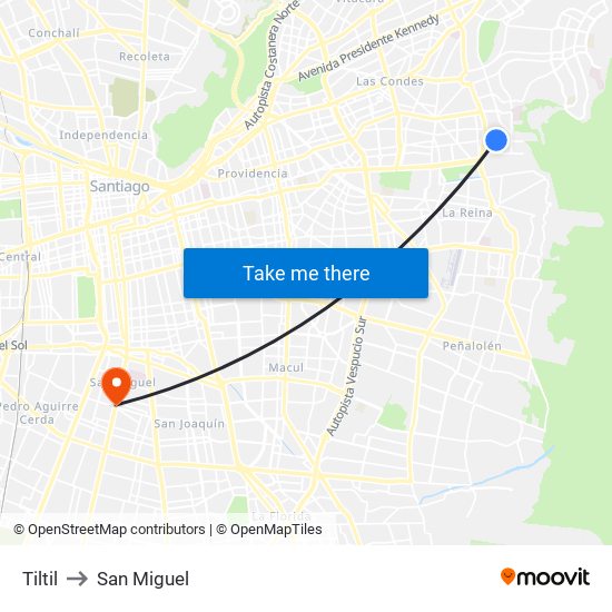 Tiltil to San Miguel map