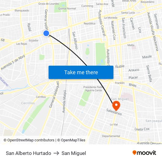 San Alberto Hurtado to San Miguel map