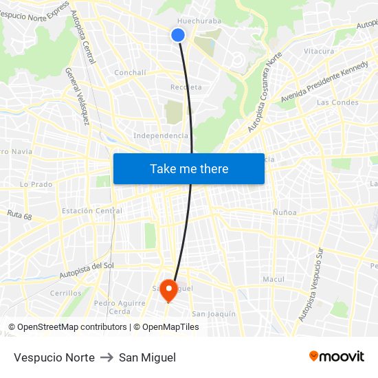 Vespucio Norte to San Miguel map