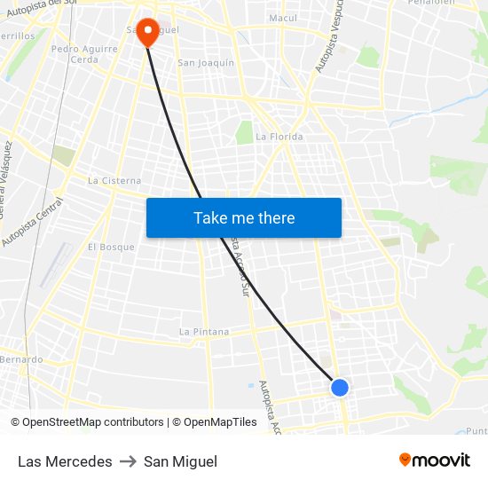 Las Mercedes to San Miguel map