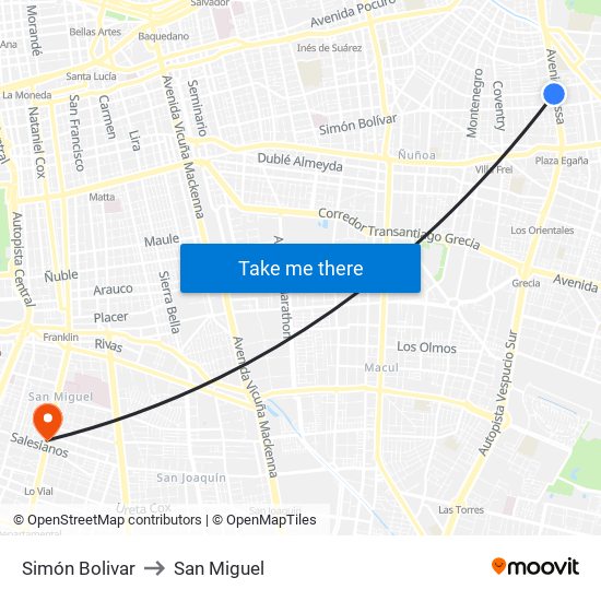 Simón Bolivar to San Miguel map