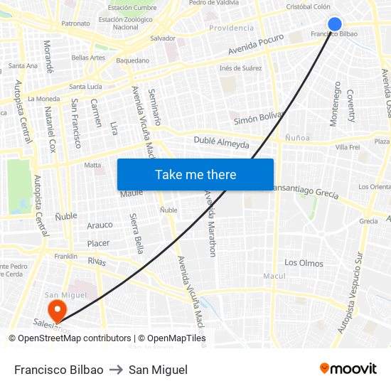 Francisco Bilbao to San Miguel map