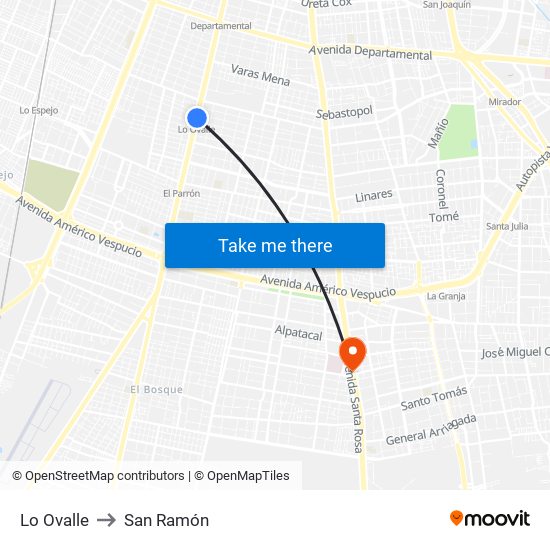 Lo Ovalle to San Ramón map