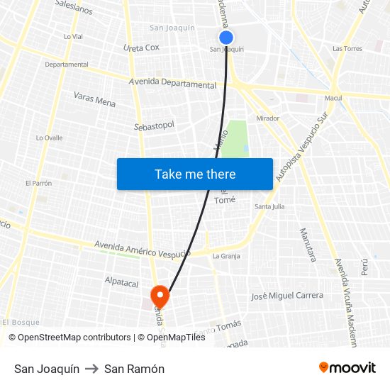 San Joaquín to San Ramón map